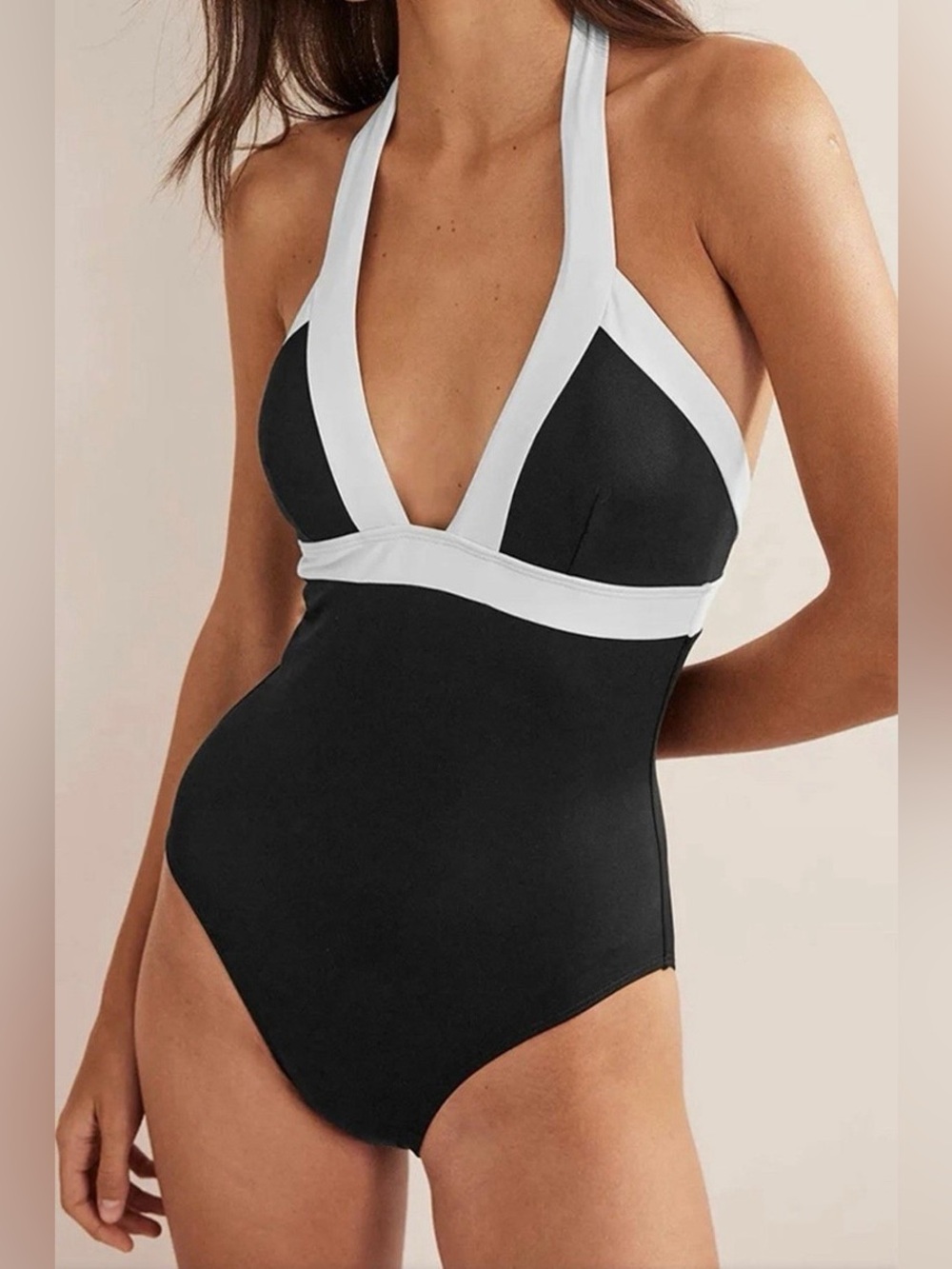 Boden Ithaca Swimsuit Black Ivory Plunge Halter Size 6